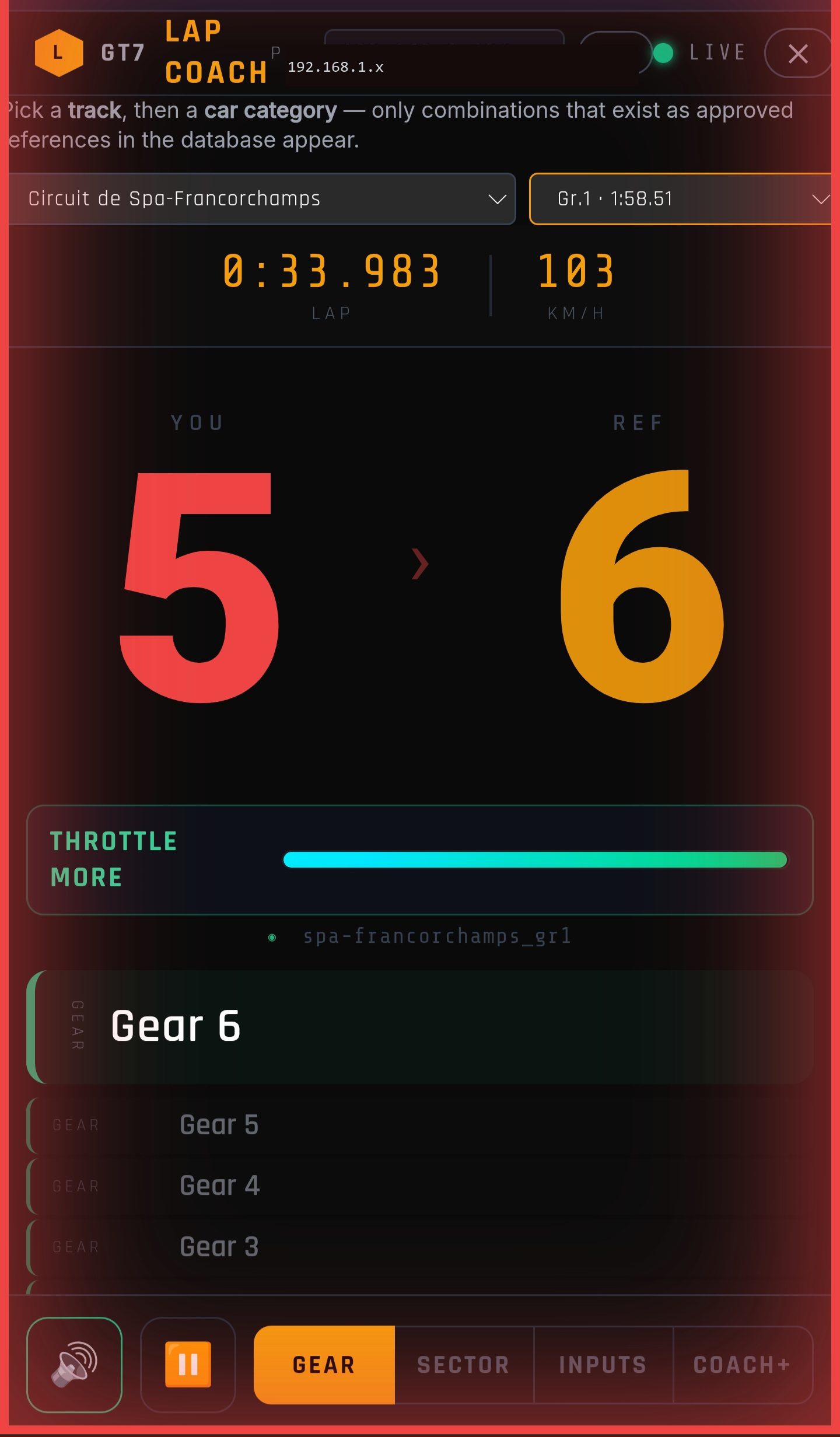 HUD on mobile — speed, current gear vs reference gear, pace delta, and voice coach messages in large format