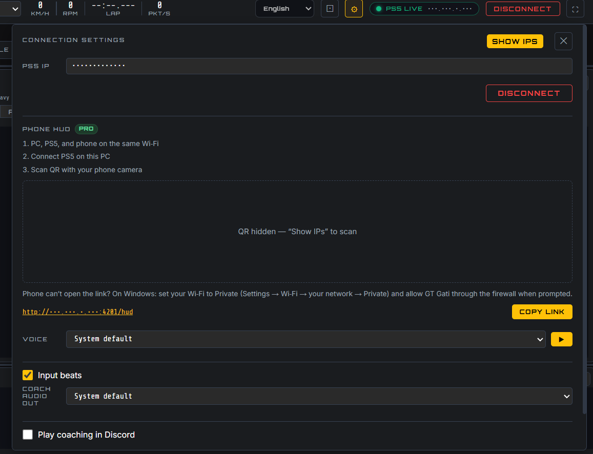 ⚙ settings flyout — IP field with Connect button inside the panel; green dot and IP label appear in the header once connected