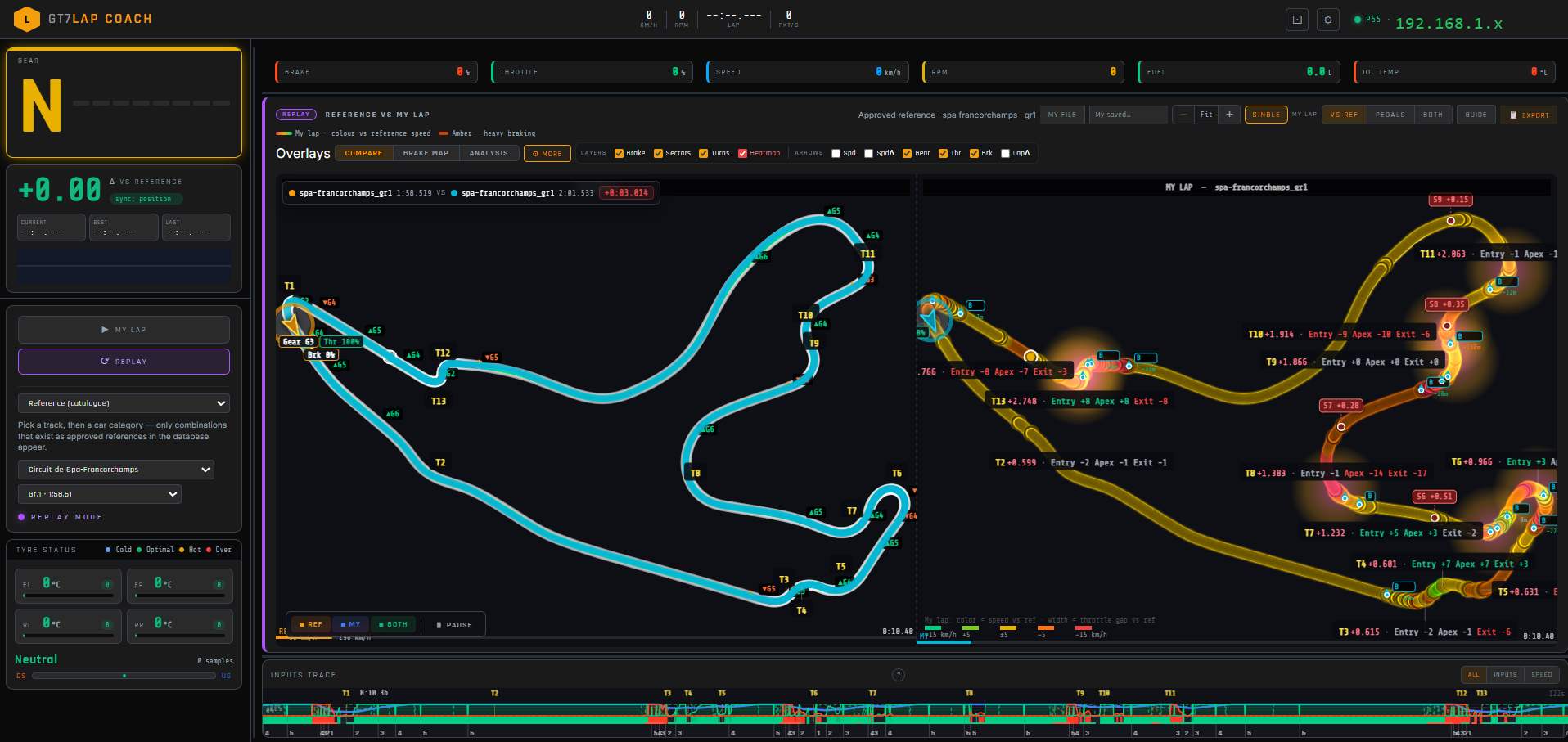 Reference and my-lap replay comparison on the track map