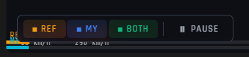 Floating replay toolbar — REF, MY, BOTH playback buttons and Pause; animated arrows track each car on the map