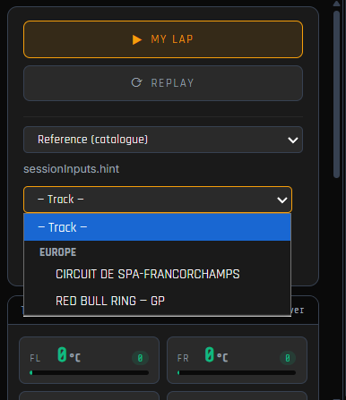 Session inputs — track grouped by region, car class dropdown, reference loaded automatically