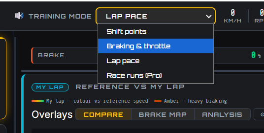 Coach controls — voice toggle, pause, and four mode buttons (Gear / Turn mode / Inputs / Coach+)